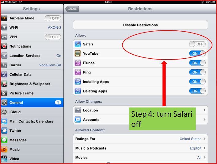 how to disable safari browser on ipad or iphone