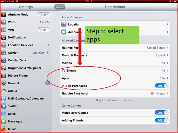 apps settings under restrictions for ipad and iphone