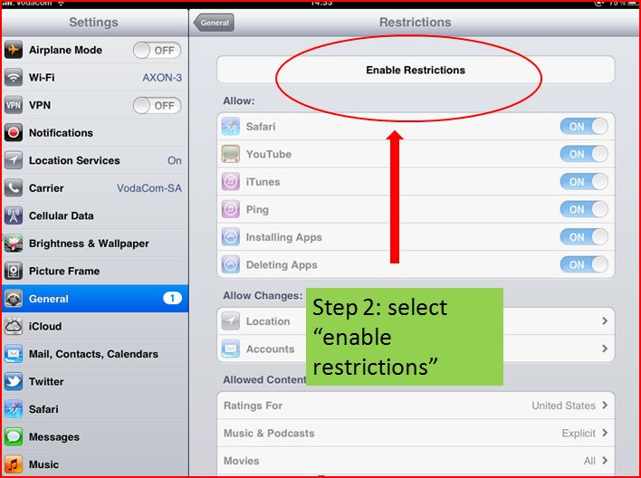 enable restrictions on ipad or iphone